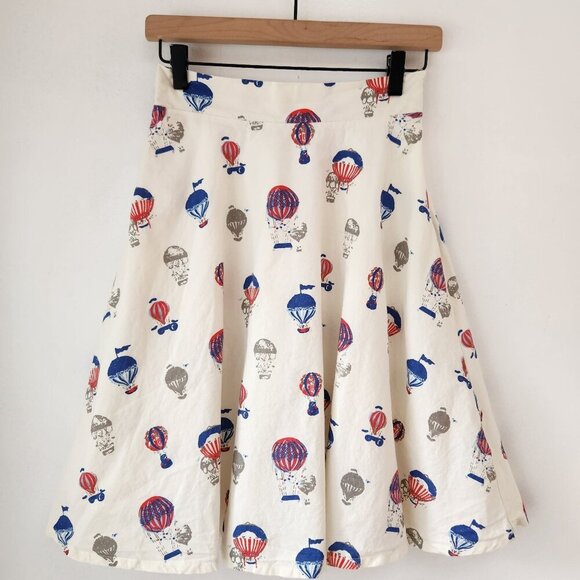 Vintage Dresses & Skirts - Vintage Beige Mid Skirt Twirl Circle Hot Air Balloon Novelty Print Women's S